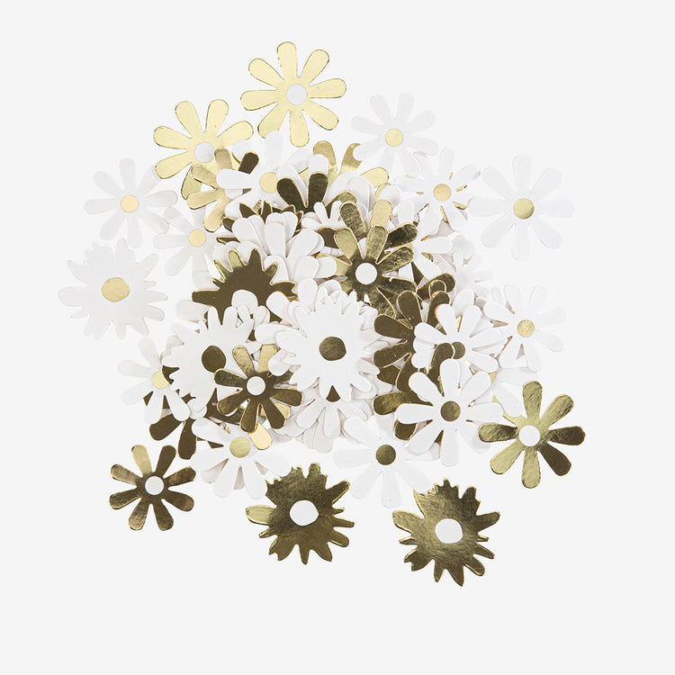 Confettis marguerites blanc et doré pour decoration de table paques