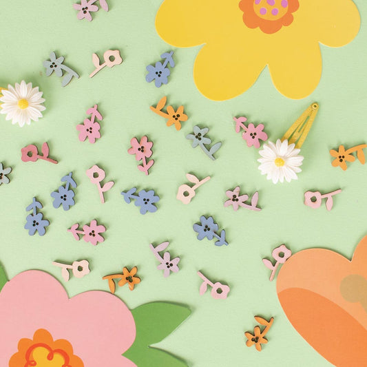 Confeti de flores de madera pastel: decoración de mesa de cumpleaños de niña