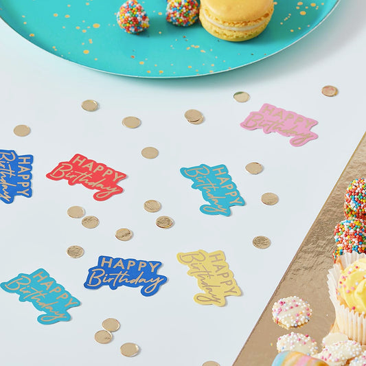 Idea de decoración de mesa de cumpleaños multicolor: confeti de feliz cumpleaños