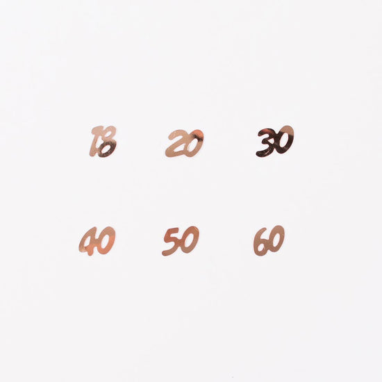 Confeti de números en oro rosa para celebrar el cumpleaños de un adulto