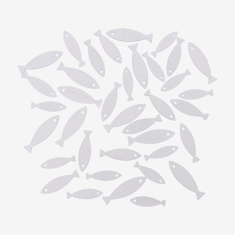 White fish wooden confetti for seaside wedding table decoration
