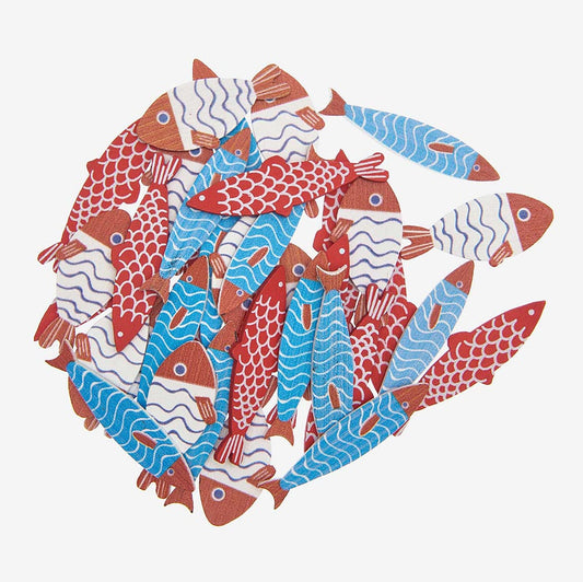 Confetti en bois poissons rouges et bleus pour deco table mariage bord de mer