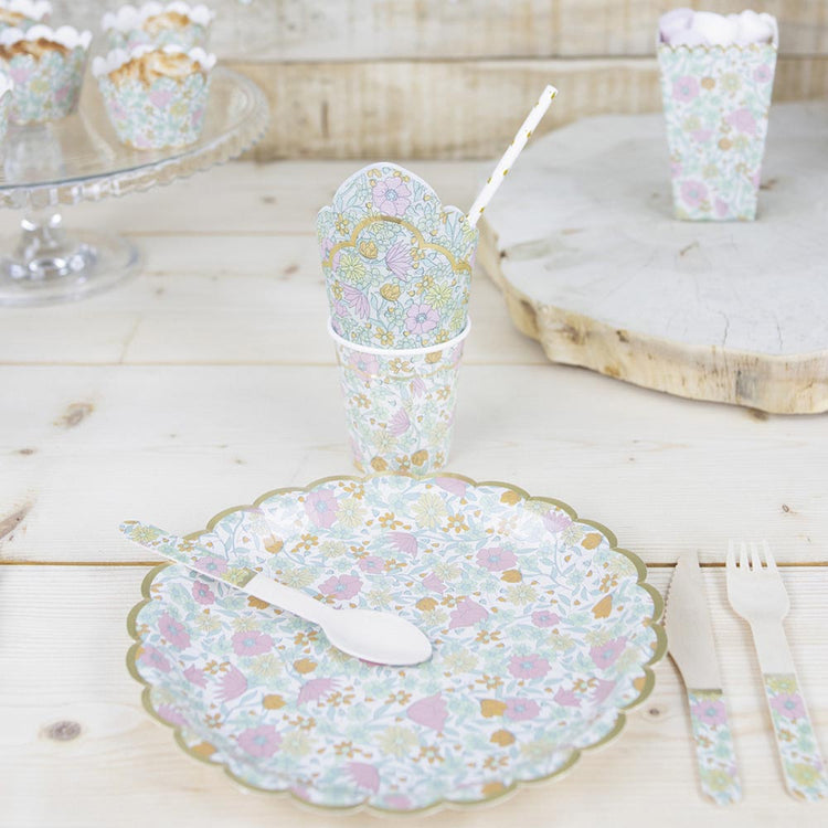 Disposable tableware with lilverty pastel flowers pattern for girl's birthday decoration, baby shower decoration