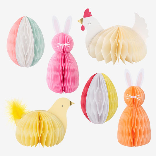 Lapins , poules et oeufs en papier alvéolés : decoration paques mer meri