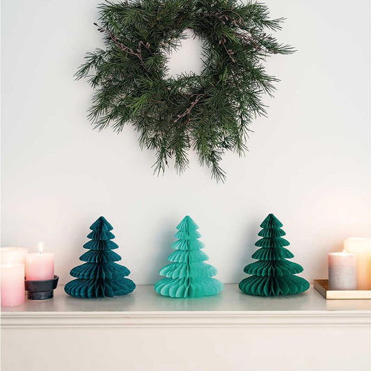 Christmas fireplace decoration: 3 honeycomb fir trees in green paper