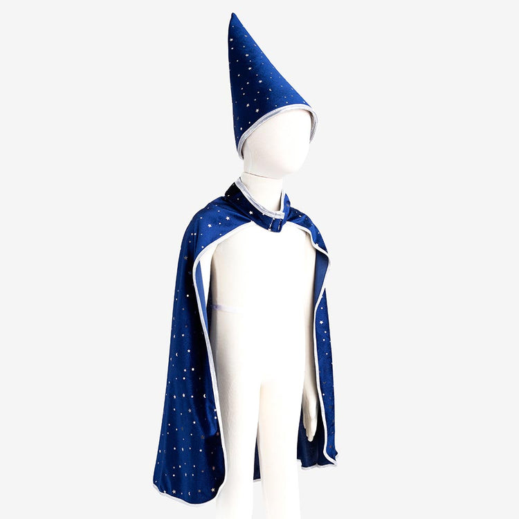 Disfraces de magia de cumpleaños infantil: sombrero puntiagudo y capa azul estrellado