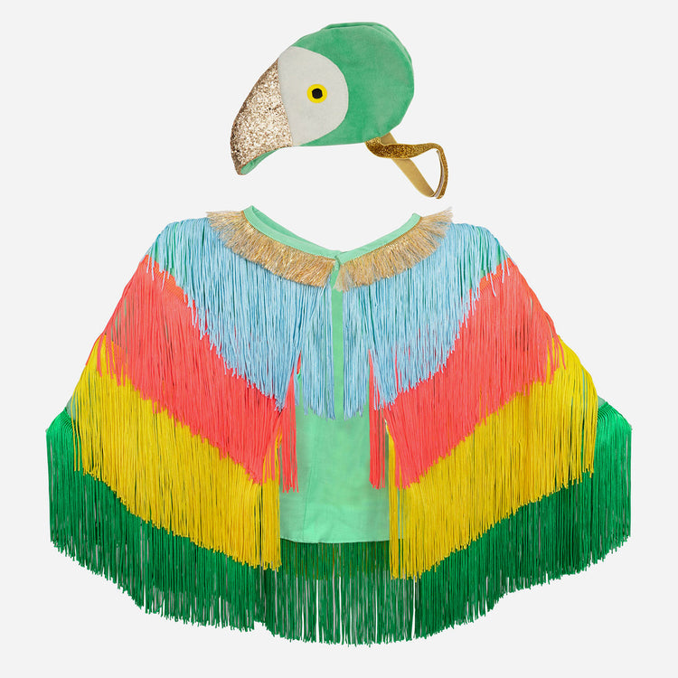 Parrot costume with fringed winged cape and velvet headdress for children 3-6 years