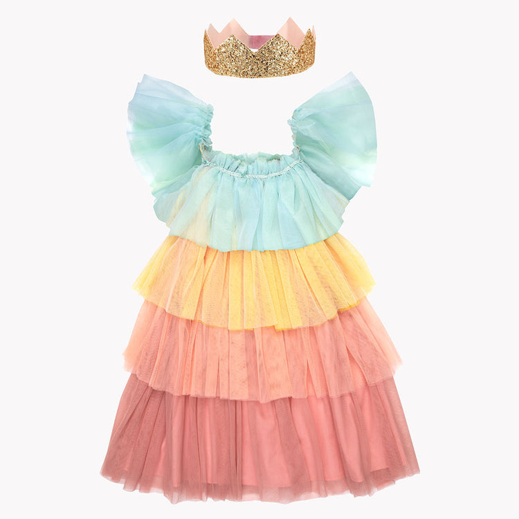 Rainbow princess tulle costume for birthday girl with crown