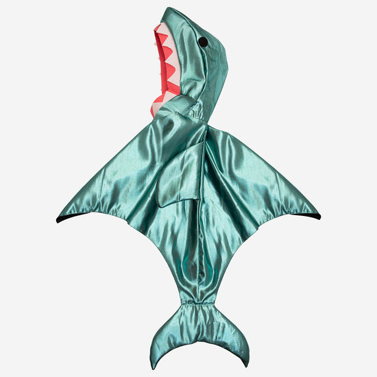 Disfraz de tiburón: capa azul metalizado forrada con capucha