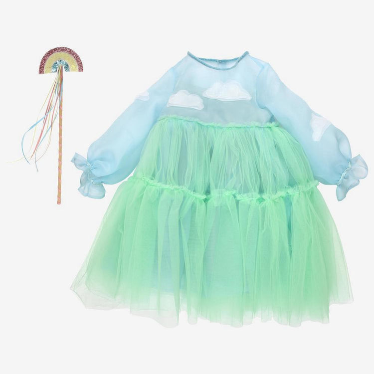 Girl costume: blue and green cloud dress with rainbow wand