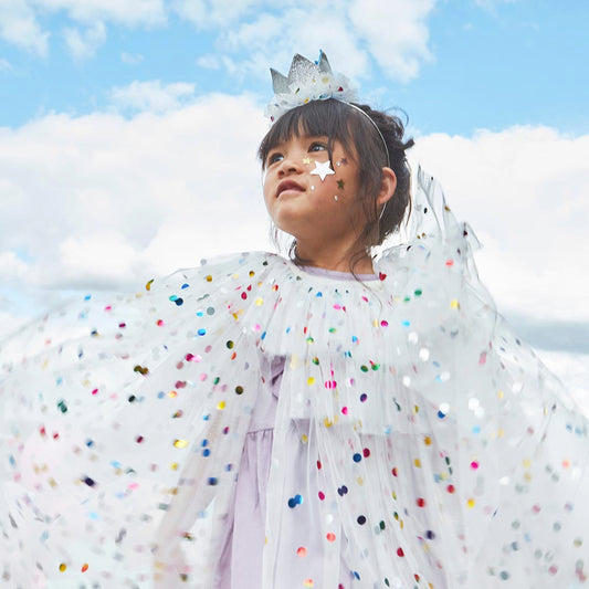 Child costume idea: dotted tulle cape, crown and wand