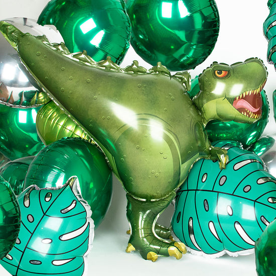 Ballon helium T-rex pour la decoration d'un anniversaire dinosaure.