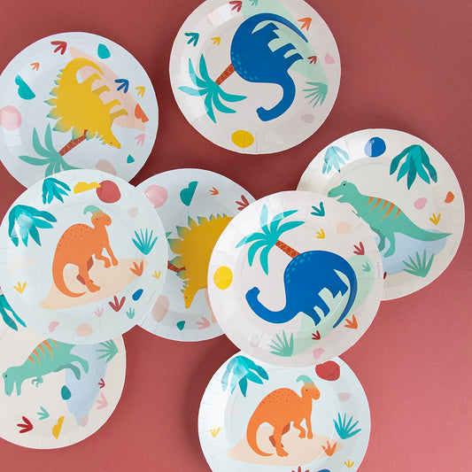 8 platos de papel para decoración de cumpleaños de dinosaurios