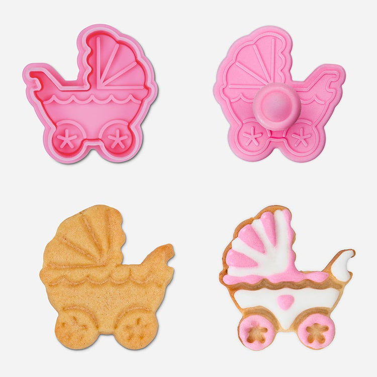 Baby pram in the form of a cookie cutter to make cakes