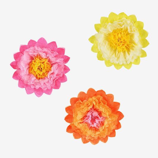 3 fleurs multicolores en papier de soie : deco de table anniversaire
