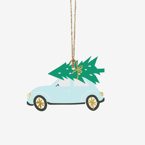 Petite voiture avec sapins : etiquette cadeau de noel
