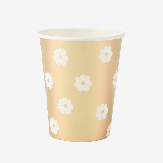 8 tazas de margaritas blancas y doradas para cumpleaños de niña con temática de flores