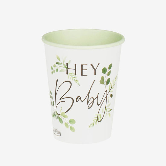 8 gobelets en carton hey baby blanc et vert feuilles pour baby shower