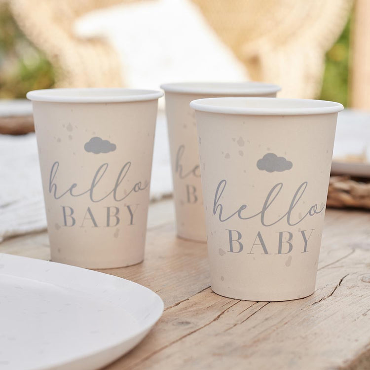Baby shower mixte blanche avec gobelets hello baby ginger ray