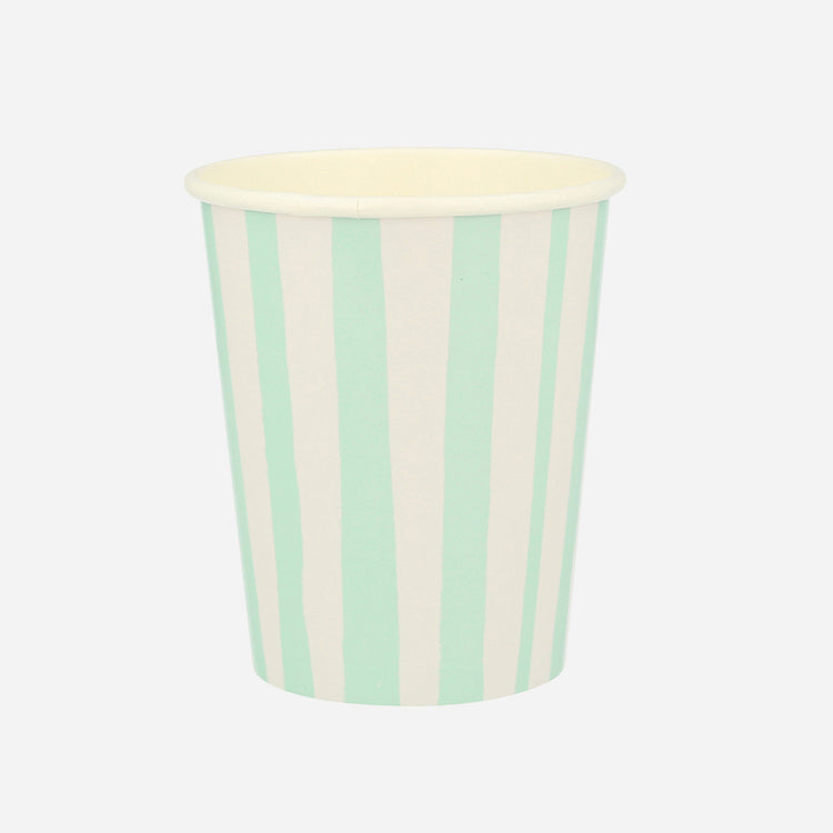 Mint striped cups: Decorative inspiration for a circus birthday table