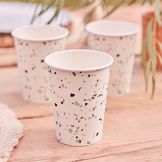 Wedding table idea: blue and pink terrazzo cups