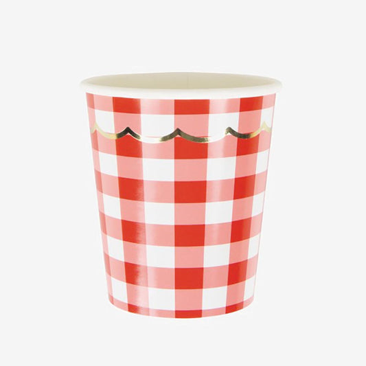 8 vasos de papel festoneados a cuadros rojos para fiestas de cumpleaños, picnic o festivales