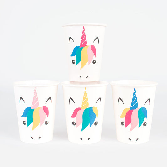 8 mini tazas de unicornio para decoración de mesa de cumpleaños con temática de unicornio de niña.