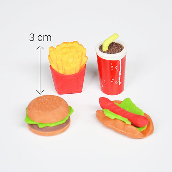 gomas de borrar con forma de hamburguesa coca fritas perrito caliente: pequeño regalo de invitada