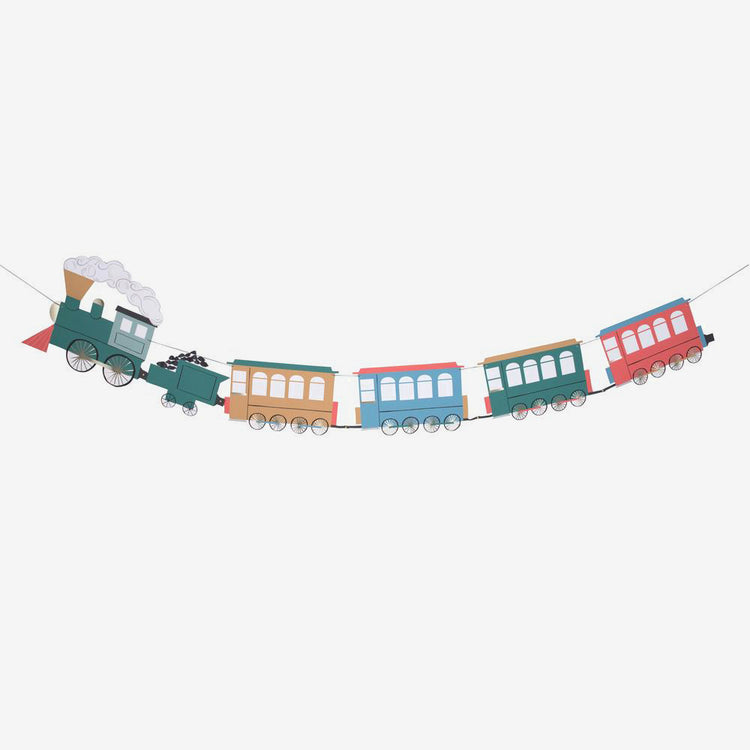 Retro train garland perfect for a train-themed child's birthday party