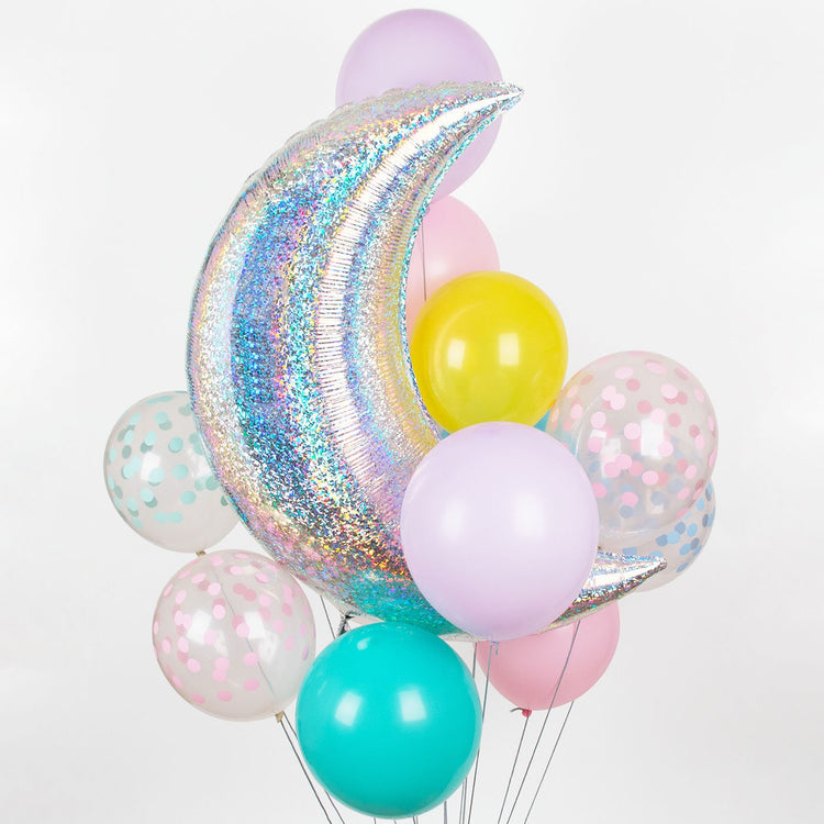 Grappe de ballons confetytis pastel et ballon lune hélium pour baby shower