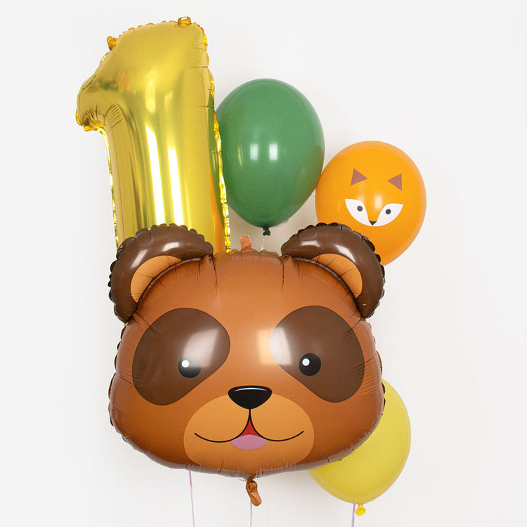 Cumpleaños 1 año: manojo de globos dorados número 1 y globo de oso de peluche