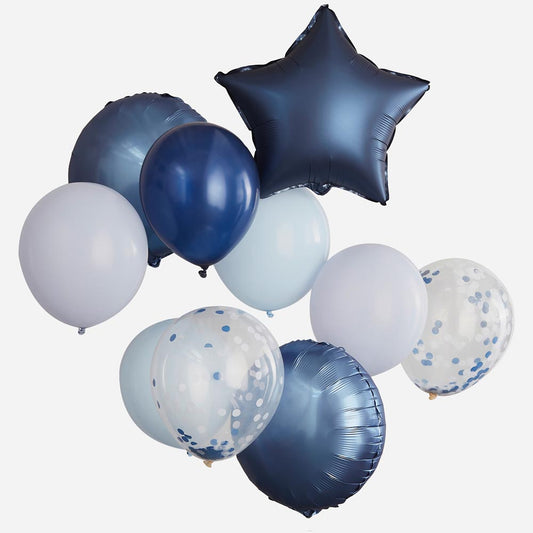 Decoración de cumpleaños, baby shower: racimo de globos azules