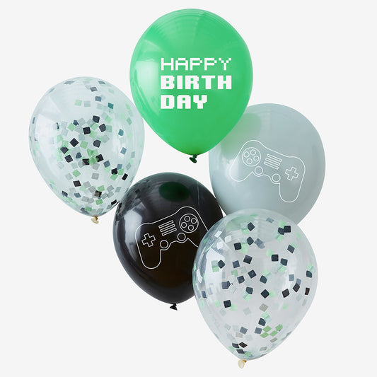 Video game birthday: 5 green, black and transparent video game balloons