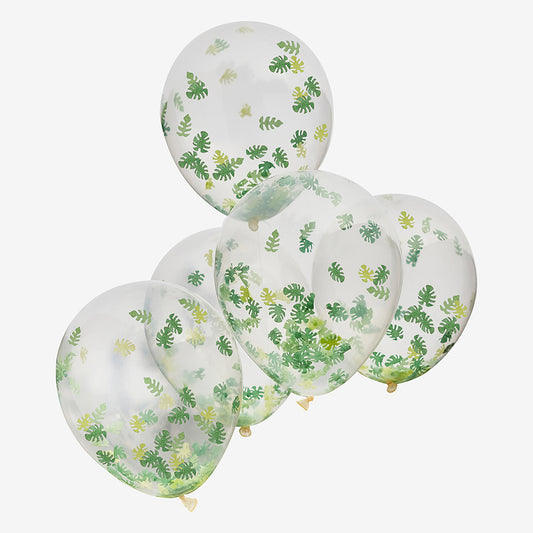 Grappe de ballons : ballons transparents avec confettis feuilles tropicales