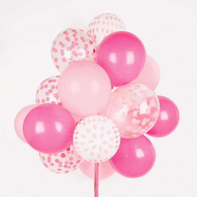 Ballons transparents à confettis roses fuchsia pour grappe de ballons rose.