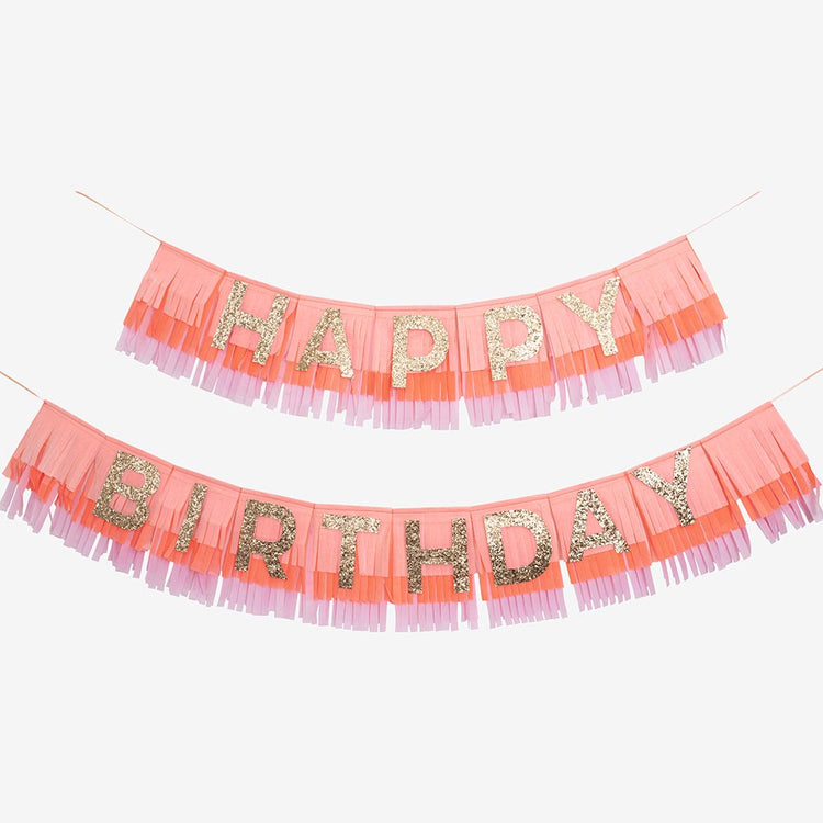Pink and gold Happy Birthday fringe garland for girl's birthday