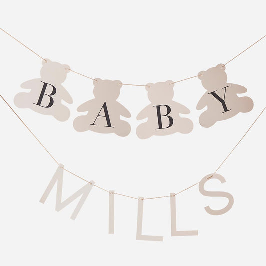 Customizable baby shower garland with teddy bears and letters