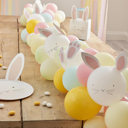 Table runner in pastel balloons and bunnies for family Easter decoration