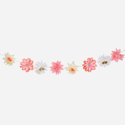Garland of pink and white paper flowers for girl's birthday decoration