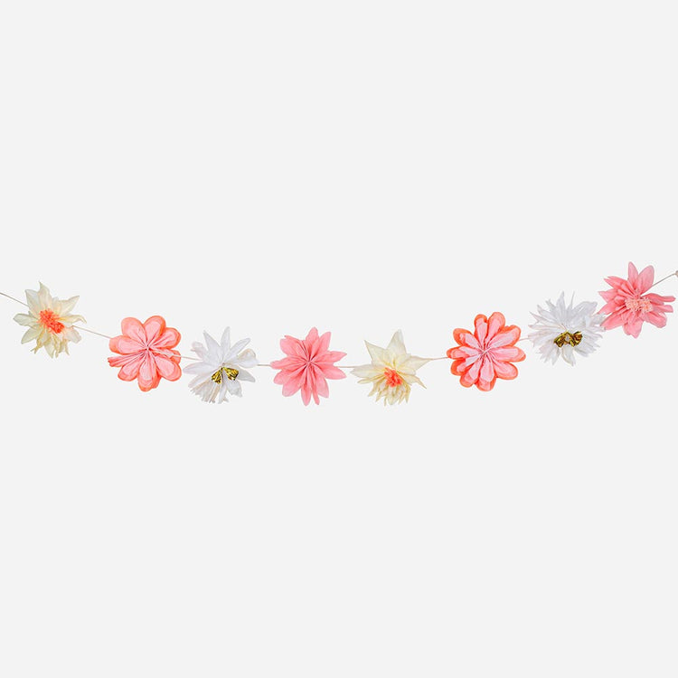 Guirlande de fleurs en papier rose et blanc pour deco anniversaire fille