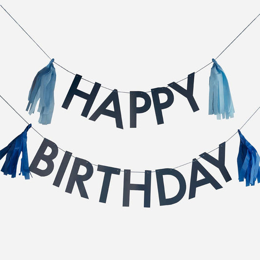 Decoración de cumpleaños: guirnalda feliz cumpleaños azul con pompones de crepe