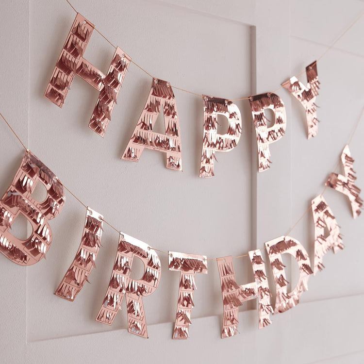Decoración de cumpleaños: guirnalda de feliz cumpleaños de oro rosa con flecos
