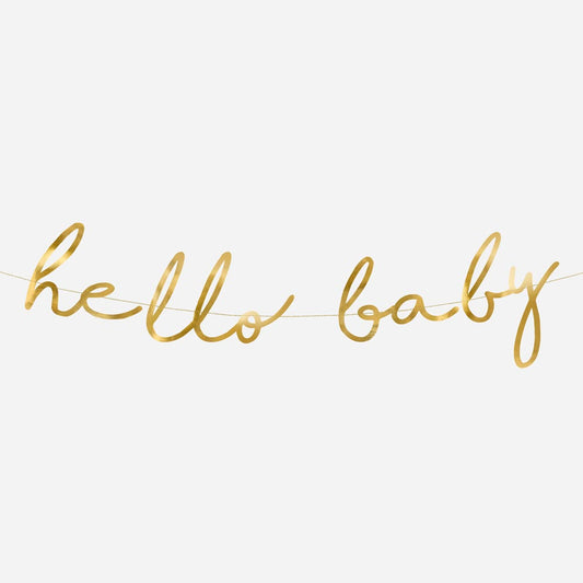 decoración de baby shower: guirnalda dorada de hello baby para revelación de género