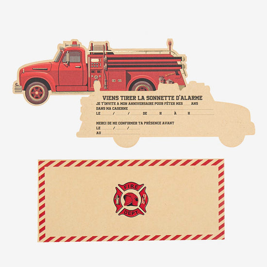 8 cartes d'invitation camion de pompier pour anniversaire pompier