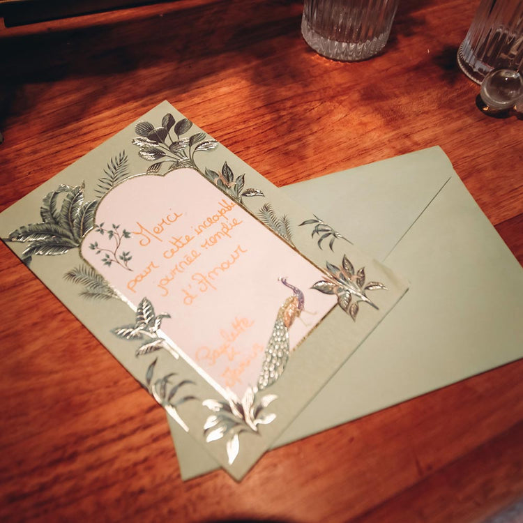 Tropical wedding thank you cards with khaki envelopes