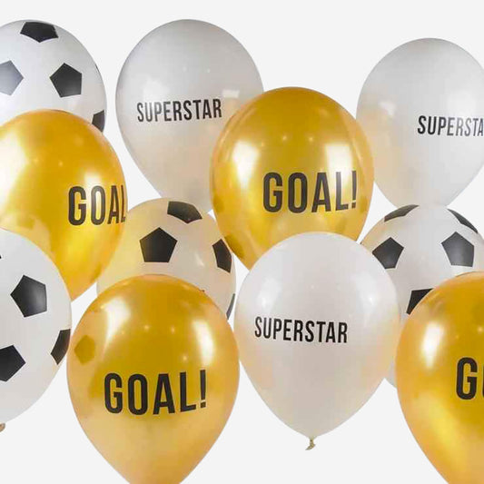 cluster of soccer-themed balloons for child's birthday decoration