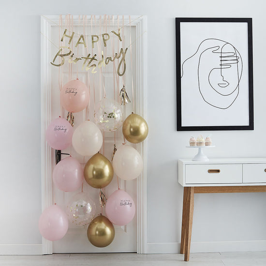 Kit de décoration anniversaire ballons dorés, roses, blancs guirlande Happy Birthday