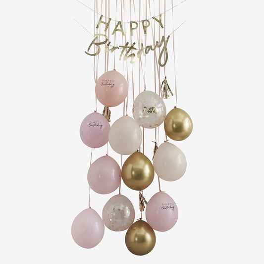 Kit palloncini Girly Happy Birthday, palloncini rosa, oro e bianchi