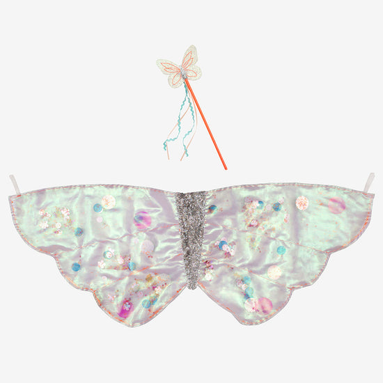Déguisement fille anniversaire fée : ailes papillon irisé et baguette magique