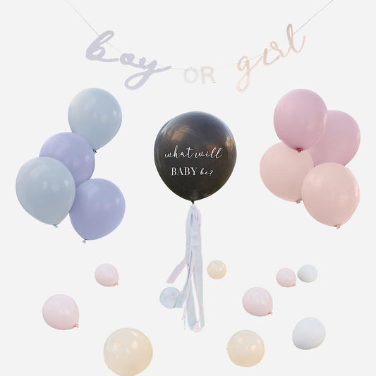 Kit gender reveal ginger ray : ballons confettis et guirlande rose et bleue